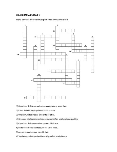 Crucigrama De Repaso Para La Unidad 1 Generalidades De Biología