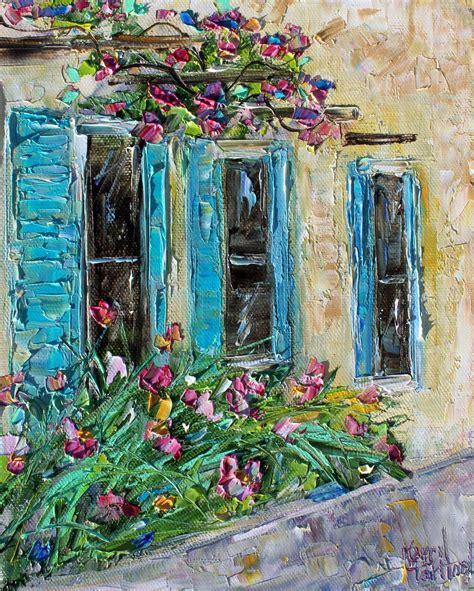 Blue Shuttered Windows And Flowers Painting Original Oil Abstract