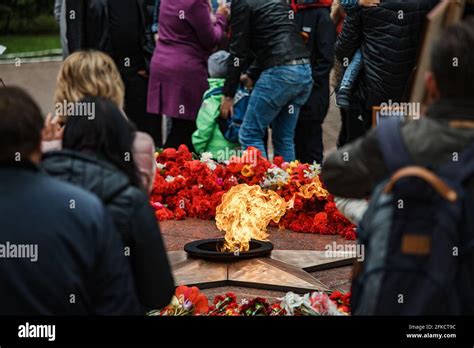 flowers at the memorial fire. the memory of the fallen soldiers in the
