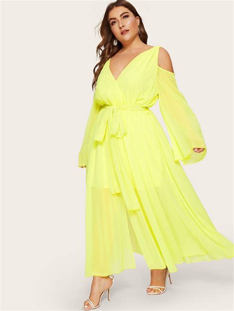 Plus Cold Shoulder Surplice Front Belted Neon Yellow Dress Yellow Dress