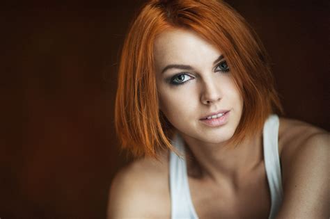 Women Redhead Green Eyes Face Maxim Maksimov Inessa Rain Portrait Tank Top No Bra Depth Of Field