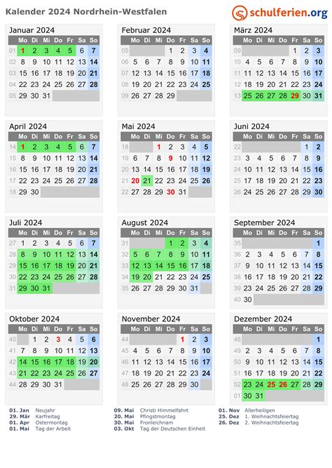 Kalender 2024 Ferien Nordrhein Westfalen Feiertage