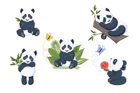 Un Conjunto De Lindos Pandas Con Mariposas En Una Rama Con Bambú Y