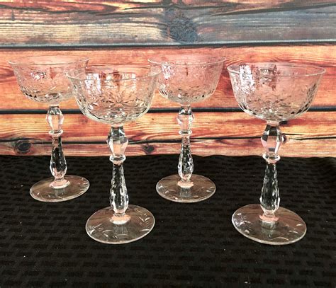 Set Of 4 Libbey Rock Sharpe Tall Crystal Champagne Stemware Etsy Vintage Wine Glasses