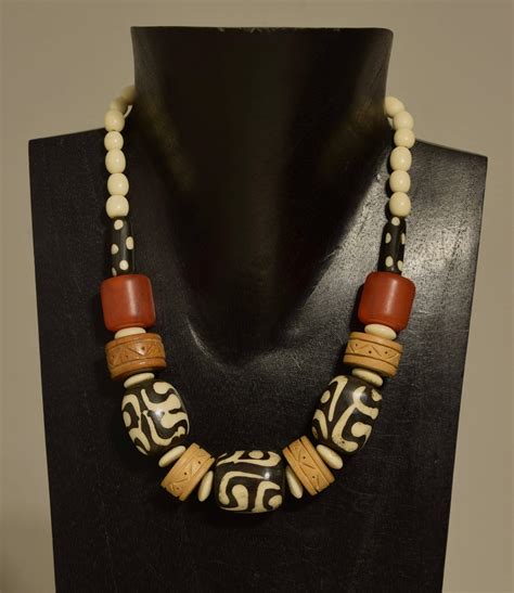 Necklace African Amber Batik Bone Wood Short Handcrafted Tribal Jewelry