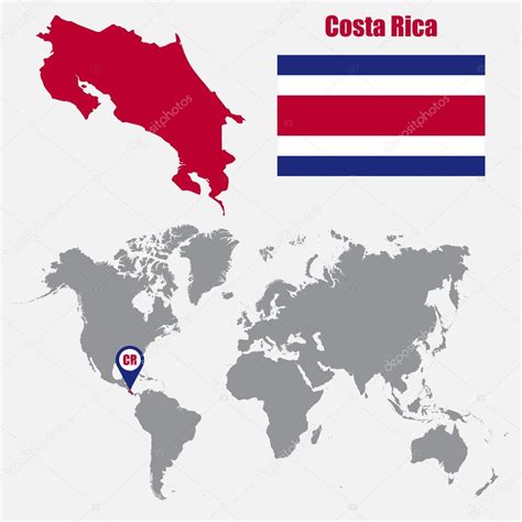 Costa Rica Map On A World Map With Flag And Map Pointer Vector