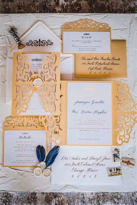 Ornate Gatefold Invitation Suite Gold Foil Printing With Midnight Blue