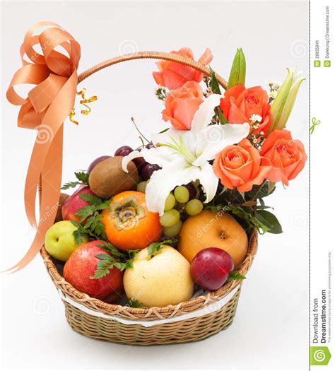 Buying fruits is a great opportunity to show your attention. Fruit basket with flower stock image. Image of color ...