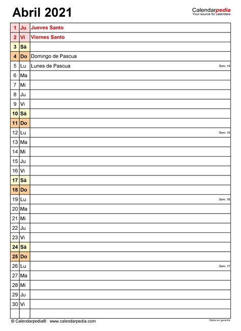 Calendario Abril 2021 En Word Excel Y Pdf Calendarpedia