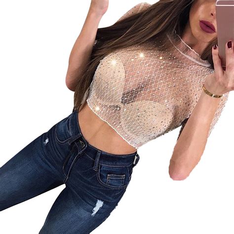 Sexy Mesh Sheer Crop Top Women Shiny Diamond Transparent Cropped T