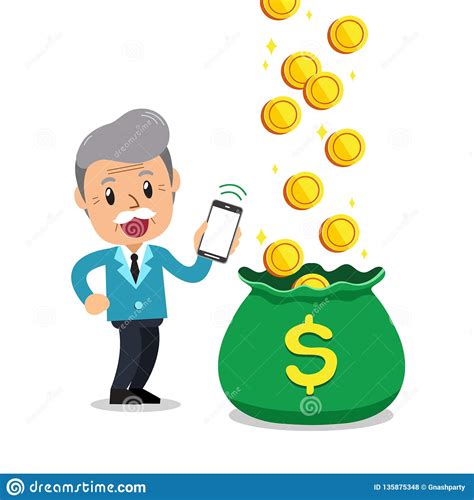 Cartoon Senior Business Man Earning Money With Smartphone Stock Vector