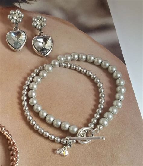 Grey Glass Bead Pearls And Swarovski Crystal Pearls Bracelet Stack Wit