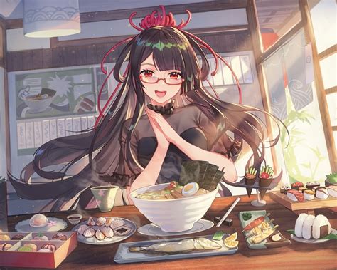Wallpaper Food Cooking Ramen Anime Girl Meganekko Onigiri Long