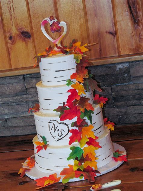 A 4 Tier Fall Themed Wedding Cake Buttercream Icing Birch Bark With