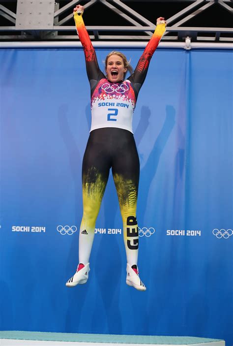 Gold Medalist Natalie Geisenberger Of Germany Celebrates During The Flower Ceremony For The
