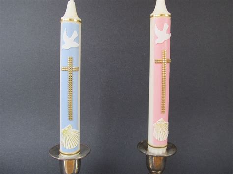 Twin Baptism Taper Candles Boy And Girl Golden Cross Dove And