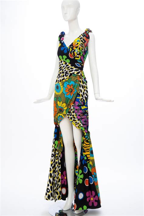 Moschino Couture Runway Silk Multi Printed High Low Evening Dress