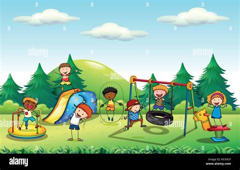 Muchos Niños Jugando En El Parque Infantil Ilustración Imagen Vector De