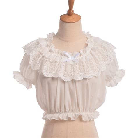 Women Crop Top Blouse Lolita Frilly Chiffon Whiteblack Puff Sleeve