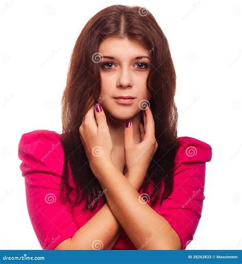 woman brunette girl in pink dress isolated stock image image of girl hair 38263833