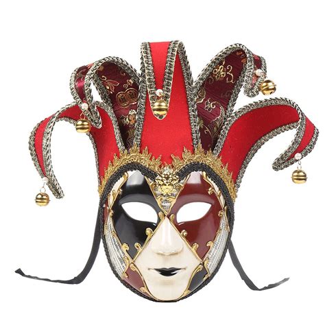 Full Face Men Venetian Theater Jester Joker Masquerade Mask With Bells