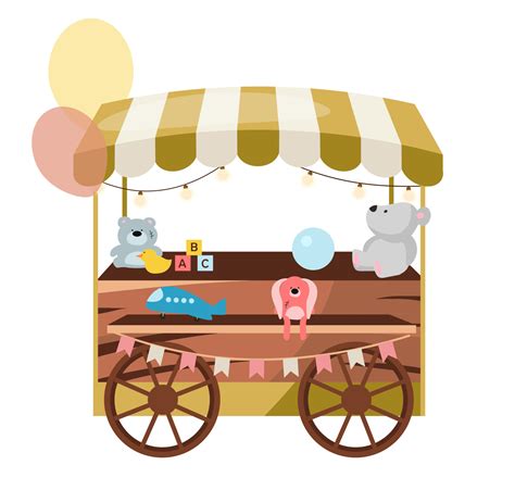 Street Market Wooden Cart With Toys Flat Vector Illustration Retro Fair Funfair Store Stall On