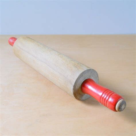 Vintage Wood Rolling Pin Red Handles Independent Rolling