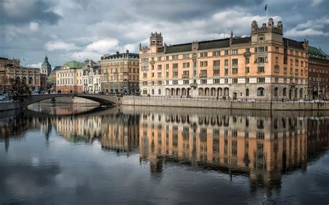 Cityscape Building River Bridge Reflection Stockholm Sweden
