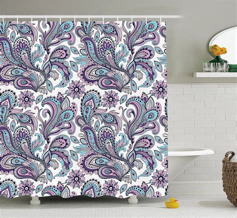 Paisley Shower Curtain Set Blue And Purple Large Flowers Leaves Floral Pattern Bohemian Style