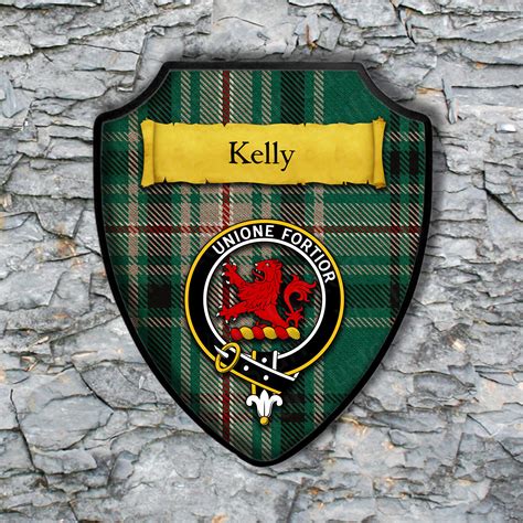 Kelly Shield Plaque With Scottish Clan Coat Of Arms Badge On Clan Plaid