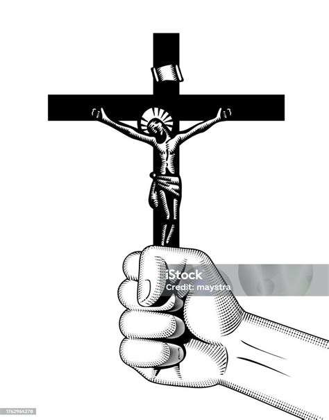 Catholic Cross A Mans Hand Holds A Cross With A Crucifix Stock