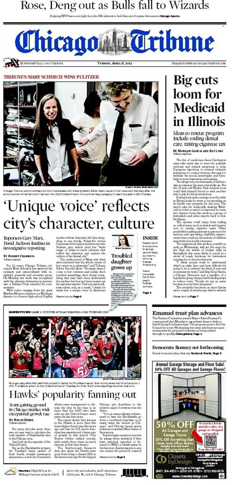 Front Page From Tuesday April 17 With The Pulitzer Story Front And