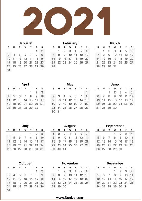One Page Yearly Calendar Printable 2021