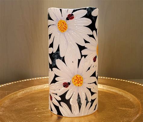 Led Pillar Candle With Daisies And Ladybugs By Dontforgettheflowers On