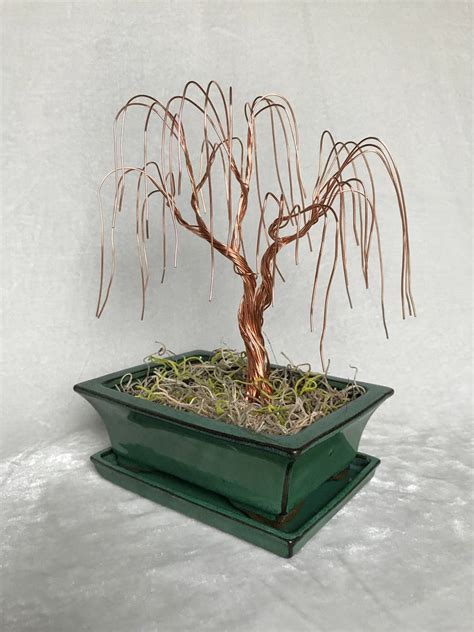 Weeping Copper Wire Tree Sculpture In Green Ceramic Bonsai Pot Etsy