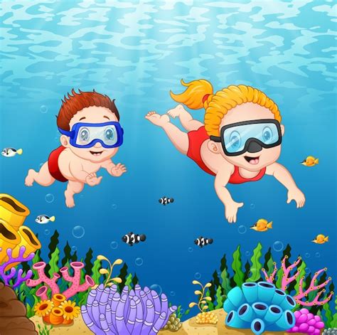Premium Vector Vector Illustration Of Cartoon Kids Diving Underwater