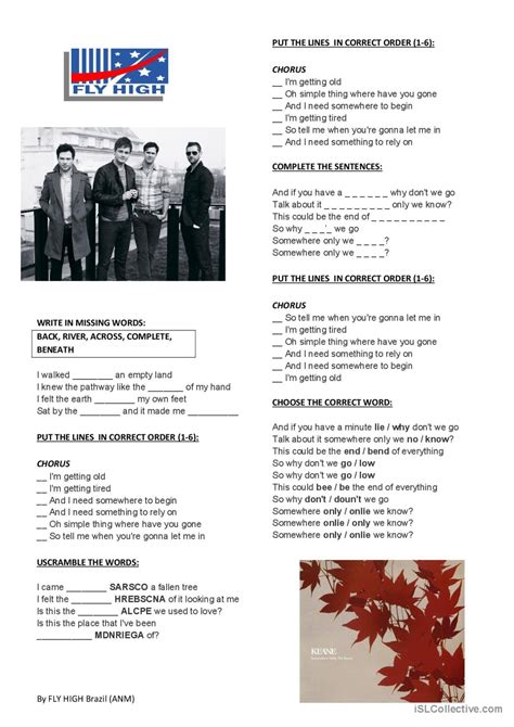 Keane Somewhere Only We Know Song English Esl Worksheets Pdf And Doc
