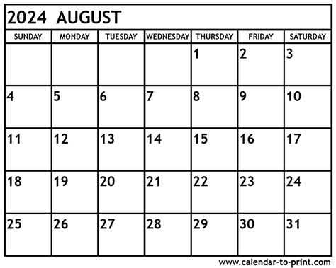 August 2024 Free Printable Weekly Calendar August 2024 Calendar