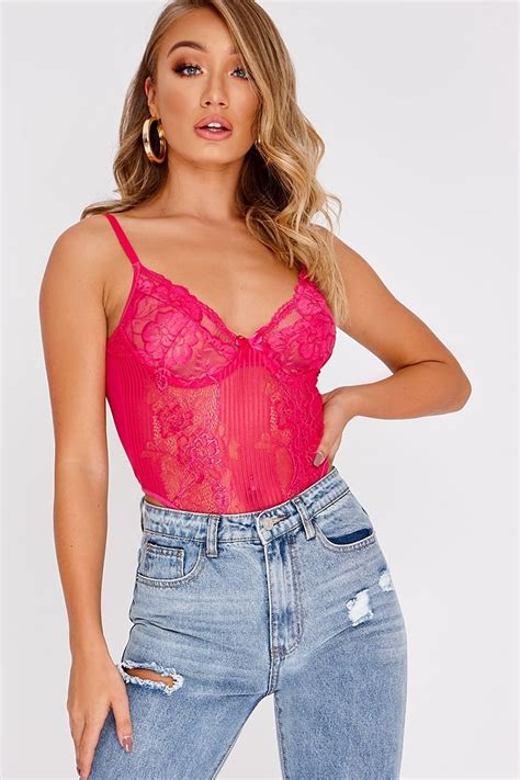 Bright Pink Lace Bodysuit Lace Bodysuit Outfit Lace Bralette Outfit Lace Bodysuit