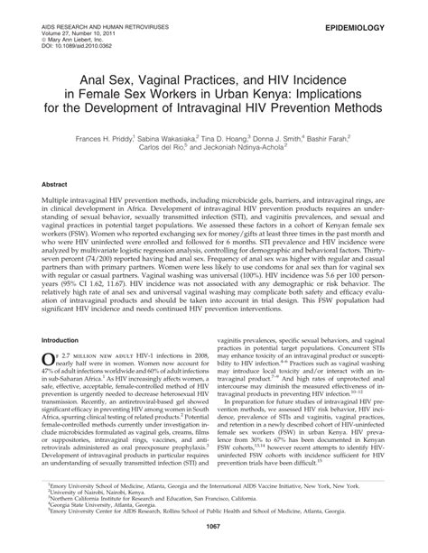 Pdf Anal Sex Vaginal Practices And Hiv Incidence In Female Sex Workers In Urban Kenya