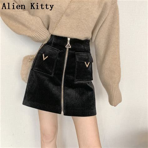 Alien Kitty All Match Zipper Pocket Womens Slim Skirts High Waist Skirt Mini A Line Solid