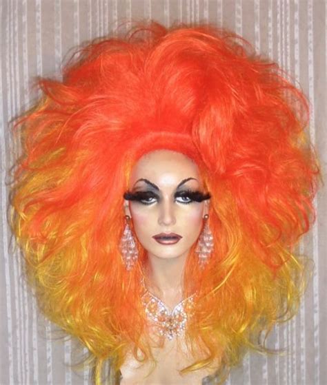 Drag Queen Wig Big Double Yellow And Orange Flame Long Tall Curls