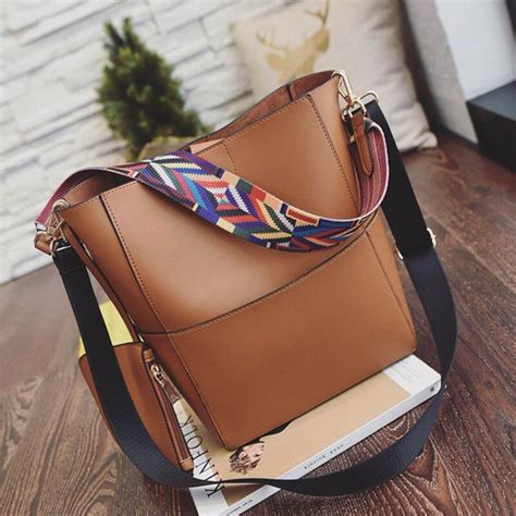 Pu Leather Bucket Bag With Colorful Strap Wide Patchwork Women