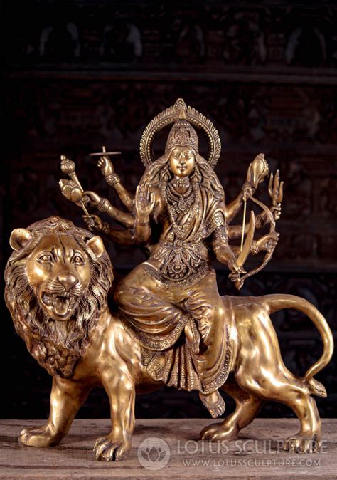 Sold Golden Indian Brass Durga Statue Riding Her Vehicle Lion In Abhaya