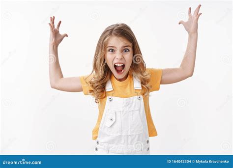 Angry Little Girl Losing Temper Arging Raise Hands Full Dismay And