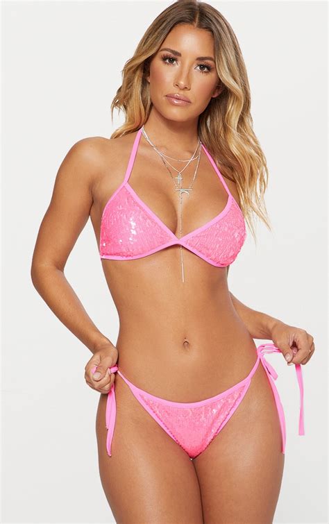 hot pink sequin tie side bikini bottom prettylittlething