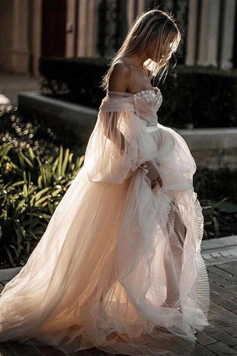 Princess Long Puff Sleeves Off The Shoulder Tulle Beach Wedding Dress