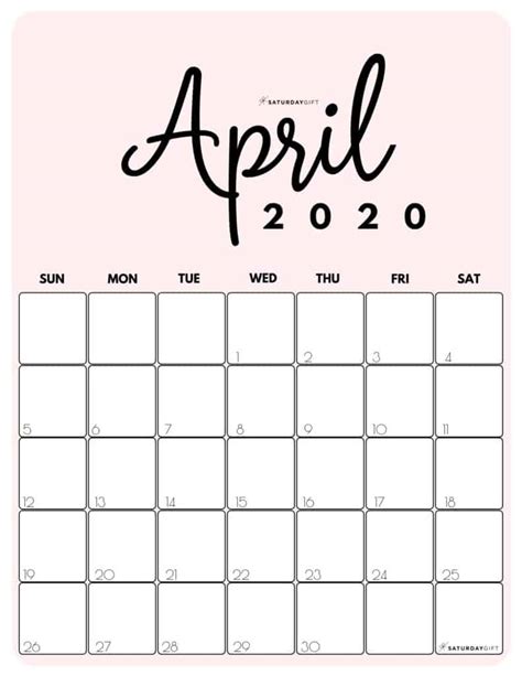 Cute And Free Printable April 2020 Calendar Saturdayt