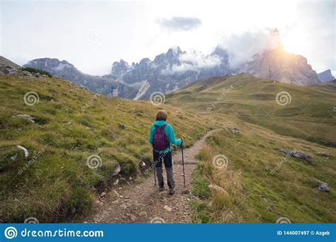 Tourist Girl At The Dolomites Stock Image Image Of Backpacking