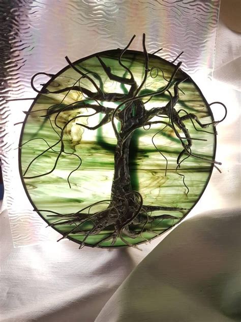 Stained Glass Tree Of Life Suncatcher Ooak Handmade Warm Olive Etsy